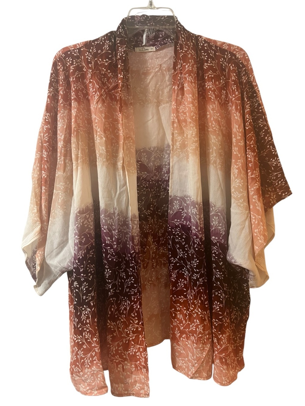E Luna Boho Ombre Kimono Cardigan Terracotta Purple Botanical Print Size OS
